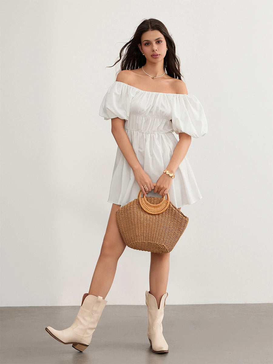 Off-Shoulder Puff Sleeve Mini Dress – Summer Casual & Elegant