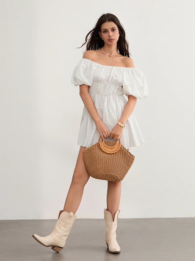 Off-Shoulder Puff Sleeve Mini Dress – Summer Casual & Elegant