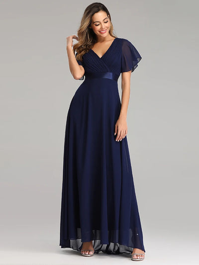 Chiffon V-Neck Ruffle Evening Gown – Elegant Wedding Party