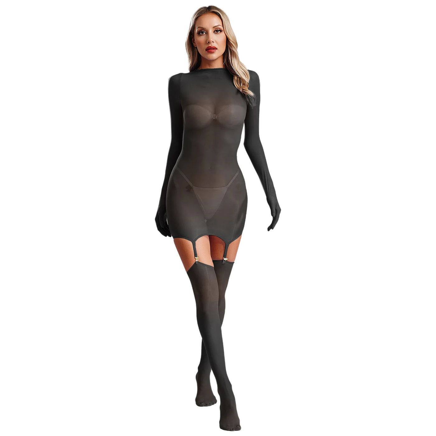 Sheer Long Sleeve Bodycon Dress – Club & Party Set with Stockings