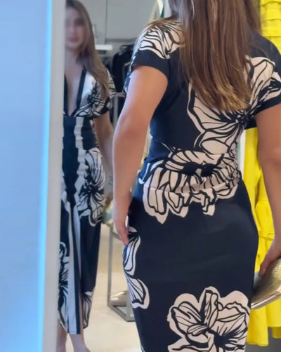 Floral V-Neck Ruched Midi Dress