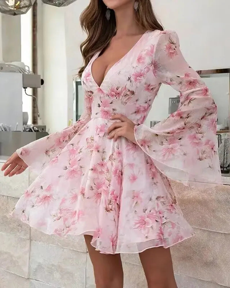 Floral V-Neck Bell Sleeve Dress – Summer Party Outfit