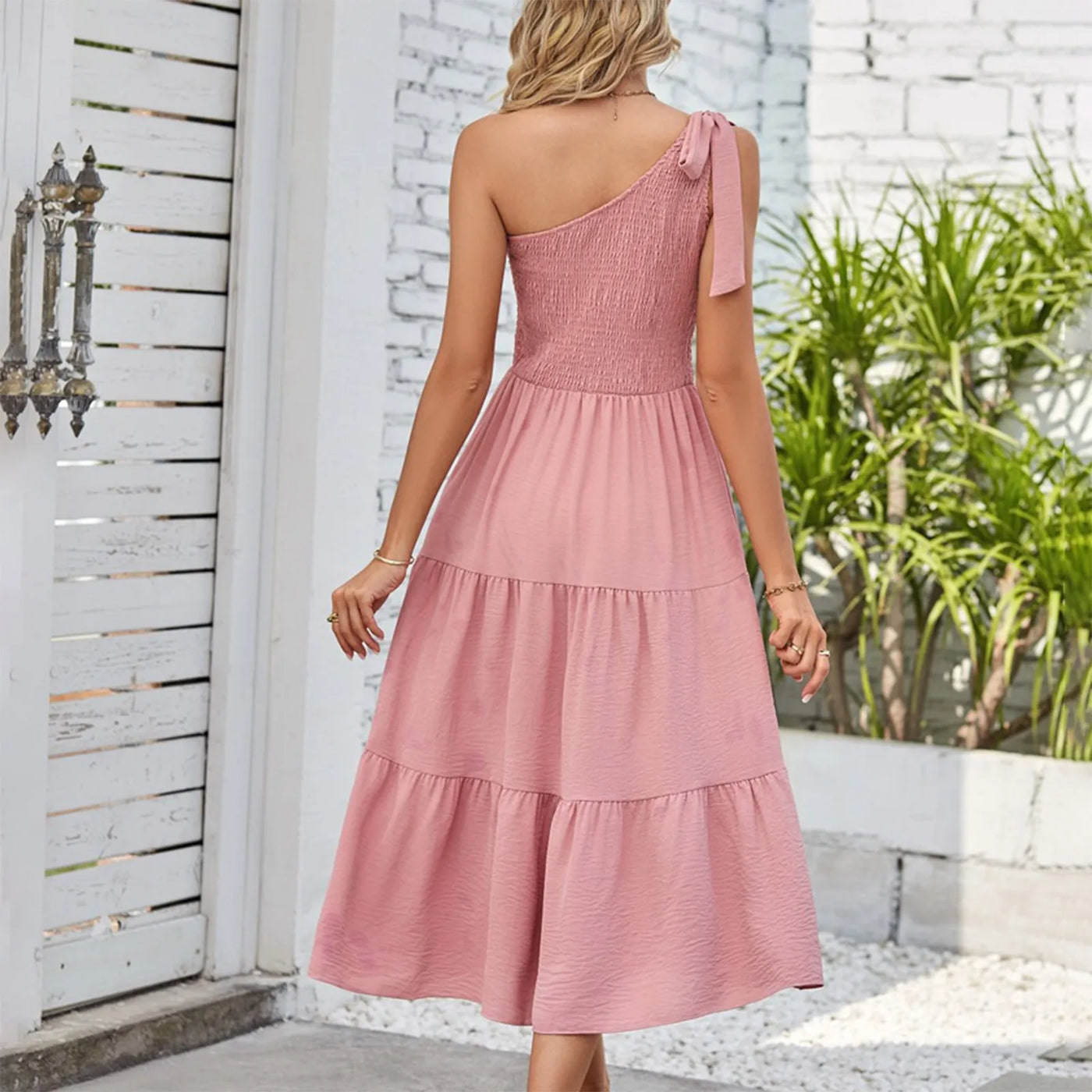 One Shoulder Smocked Midi Dress – Casual Summer