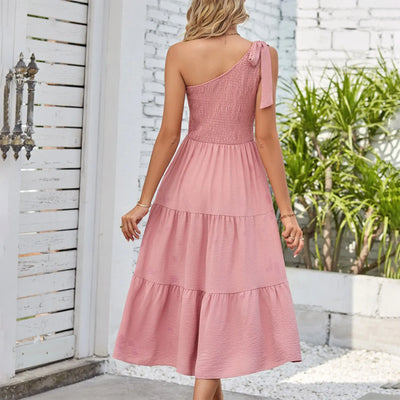 One Shoulder Smocked Midi Dress – Casual Summer