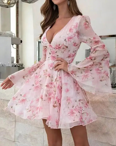 Floral V-Neck Bell Sleeve Dress – Summer Party Outfit