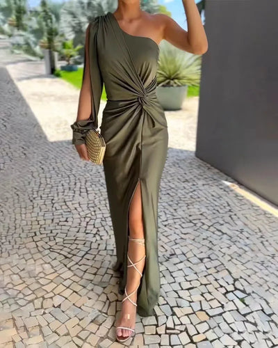 One Shoulder Satin Midi Dress – Elegant Party Outfit