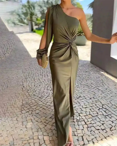 One Shoulder Satin Midi Dress – Elegant Party Outfit