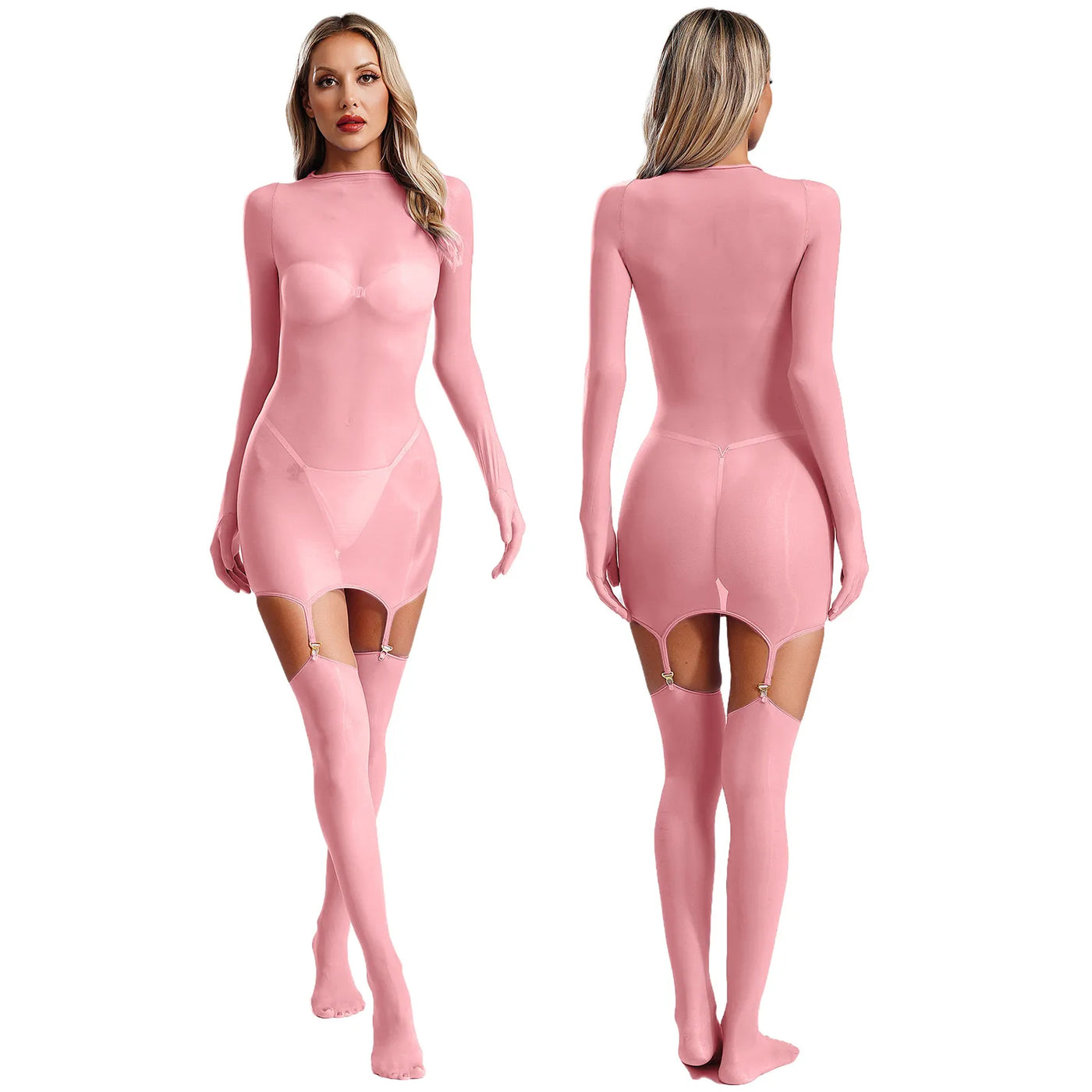 Sheer Long Sleeve Bodycon Dress – Club & Party Set with Stockings