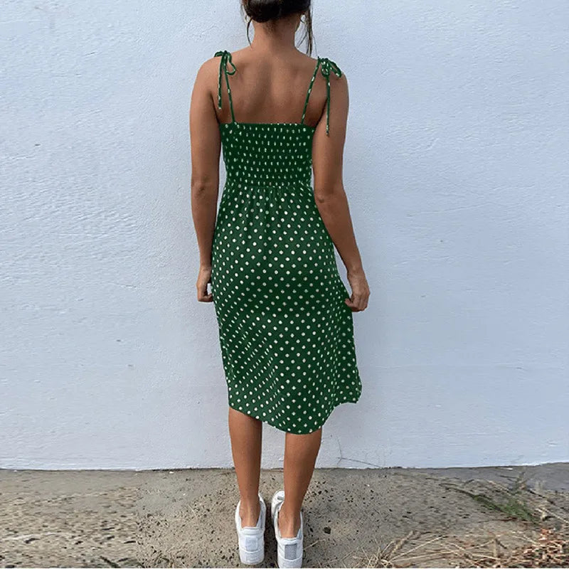 Polka Dot V-Neck Pleated Dress – Summer Beach Outfit