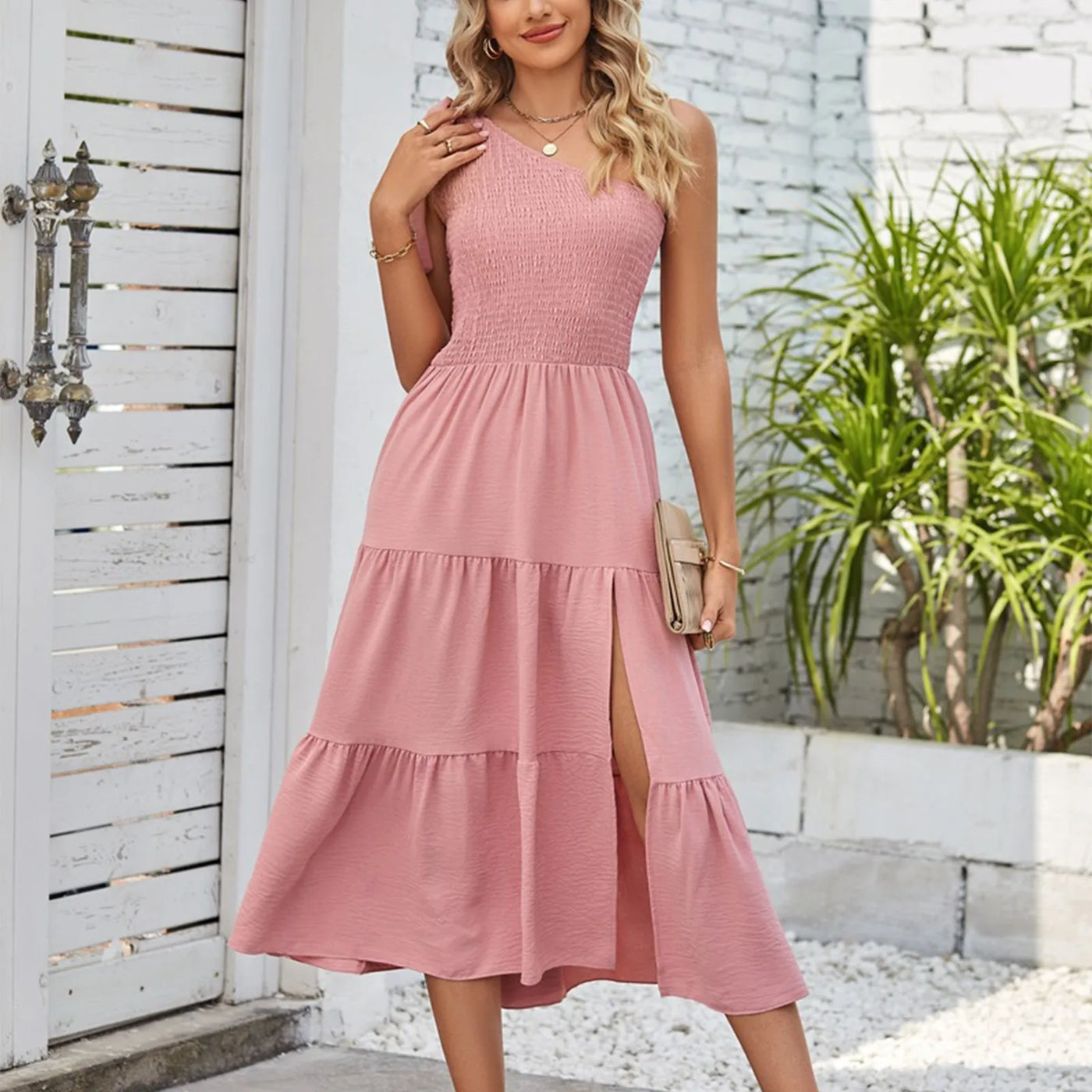 One Shoulder Smocked Midi Dress – Casual Summer