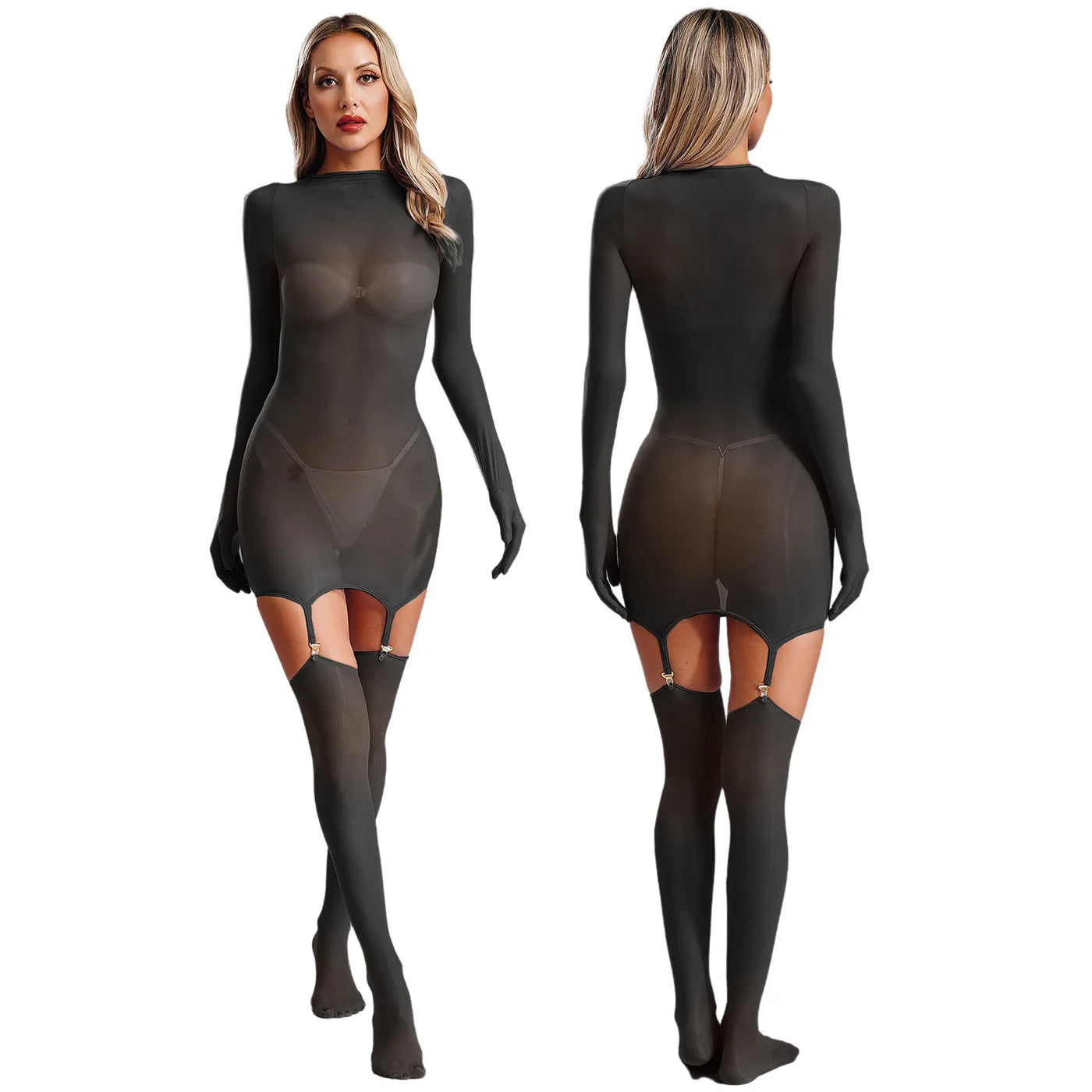 Sheer Long Sleeve Bodycon Dress – Club & Party Set with Stockings