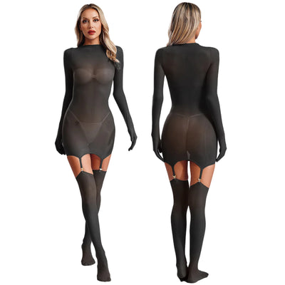 Sheer Long Sleeve Bodycon Dress – Club & Party Set with Stockings