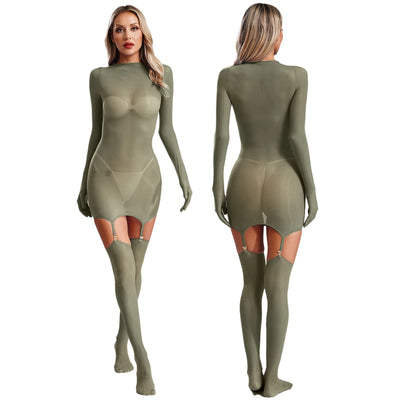 Sheer Long Sleeve Bodycon Dress – Club & Party Set with Stockings