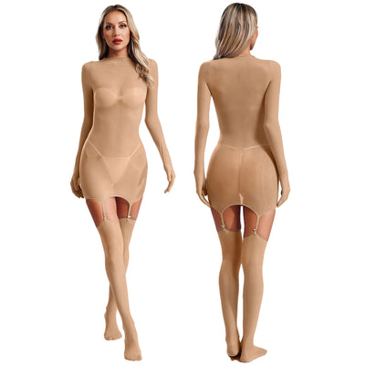Sheer Long Sleeve Bodycon Dress – Club & Party Set with Stockings