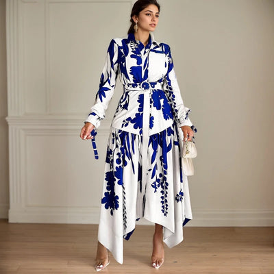 Turn-Down Collar Belted Long Sleeve Midi Dress