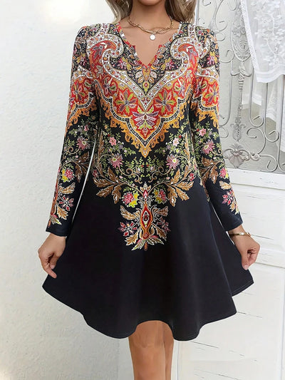 Retro Printed Long Sleeve Dress – Spring Casual Outfit