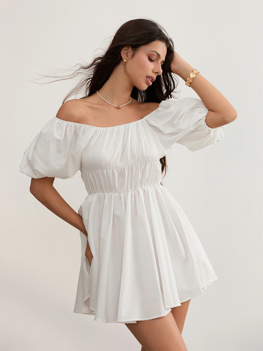 Off-Shoulder Puff Sleeve Mini Dress – Summer Casual & Elegant