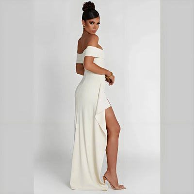 Off-Shoulder Side Slit Evening Dress – Elegant Party