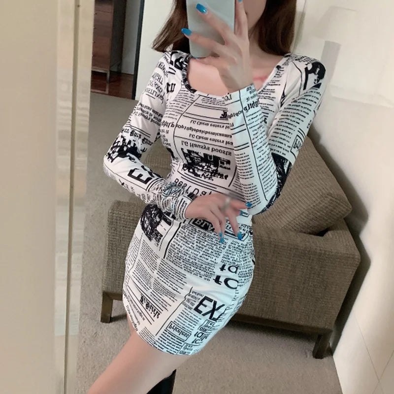 Newspaper Print Bodycon Dress – Square Neck Long Sleeve Outfit