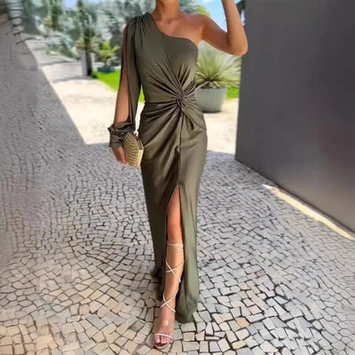 One Shoulder Satin Midi Dress – Elegant Party Outfit