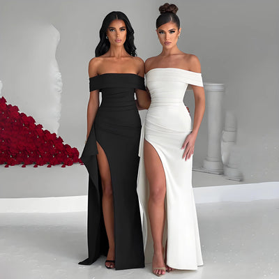 Off-Shoulder Side Slit Evening Dress – Elegant Party