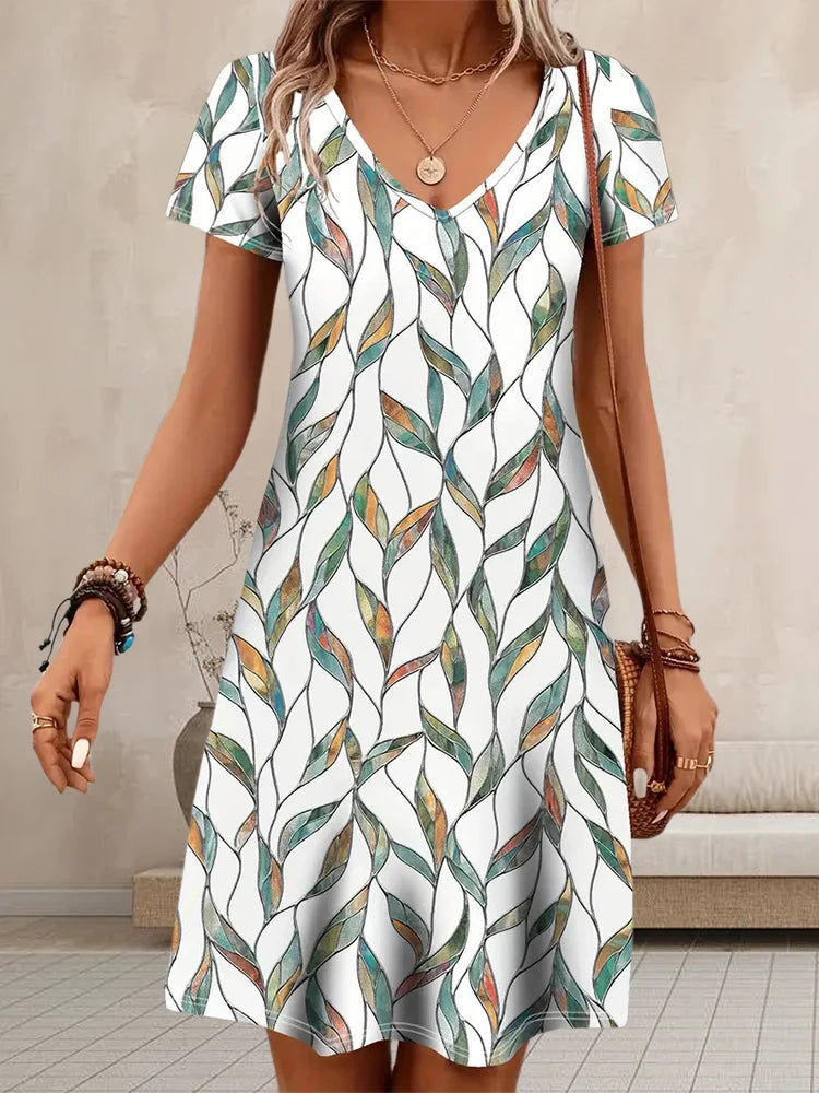 V-Neck Printed Short Dress – Summer Casual & Retro