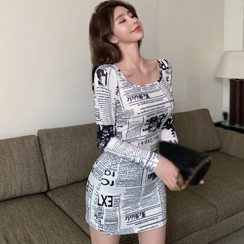 Newspaper Print Bodycon Dress – Square Neck Long Sleeve Outfit
