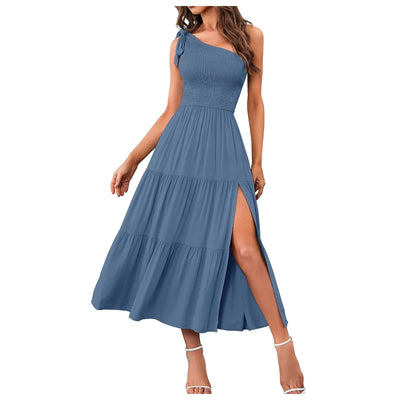 One Shoulder Smocked Midi Dress – Casual Summer