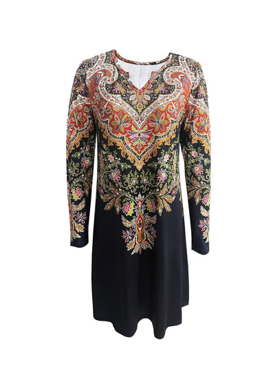 Retro Printed Long Sleeve Dress – Spring Casual Outfit