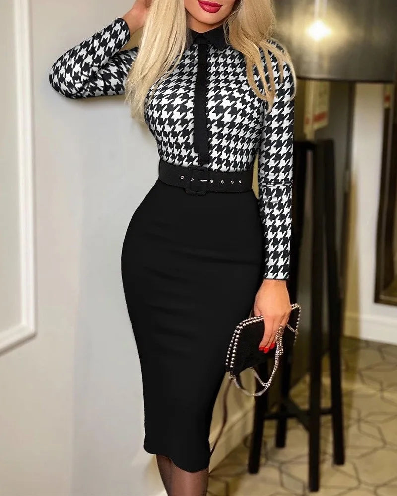 Polka Dot Bodycon Dress – V-Neck Long Sleeve Elegant Office Outfit