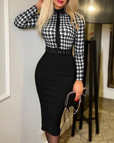 Polka Dot Bodycon Dress – V-Neck Long Sleeve Elegant Office Outfit