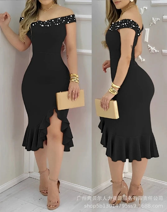 Off-Shoulder Ruffle Hem Midi Dress – Geometric Summer Casual