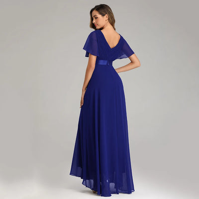 Chiffon V-Neck Ruffle Evening Gown – Elegant Wedding Party