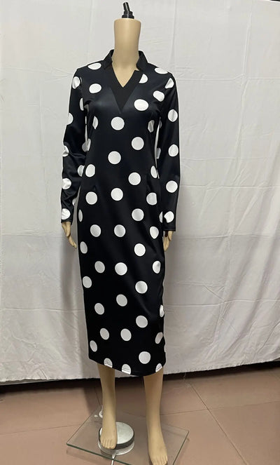 Polka Dot Bodycon Dress – V-Neck Long Sleeve Elegant Office Outfit