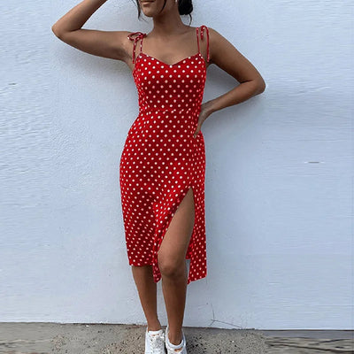 Polka Dot V-Neck Pleated Dress – Summer Beach Outfit