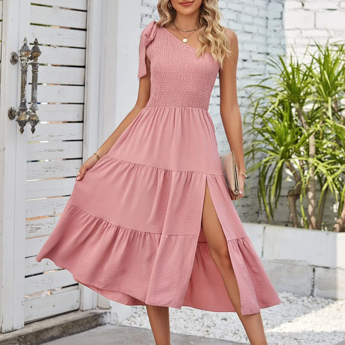 One Shoulder Smocked Midi Dress – Casual Summer