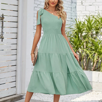 One Shoulder Smocked Midi Dress – Casual Summer