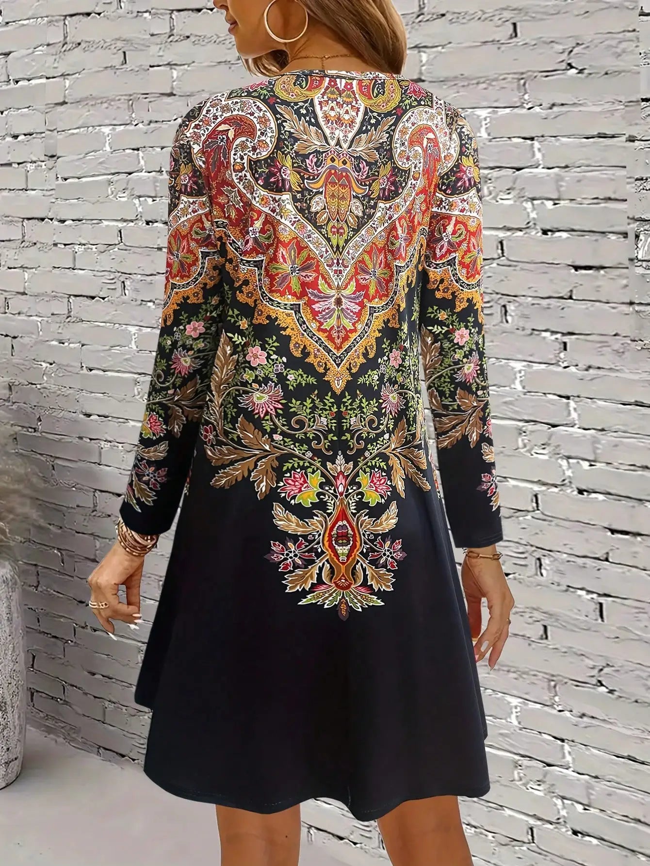 Retro Printed Long Sleeve Dress – Spring Casual Outfit