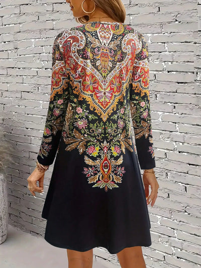 Retro Printed Long Sleeve Dress – Spring Casual Outfit