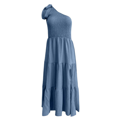 One Shoulder Smocked Midi Dress – Casual Summer