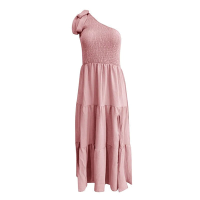 One Shoulder Smocked Midi Dress – Casual Summer