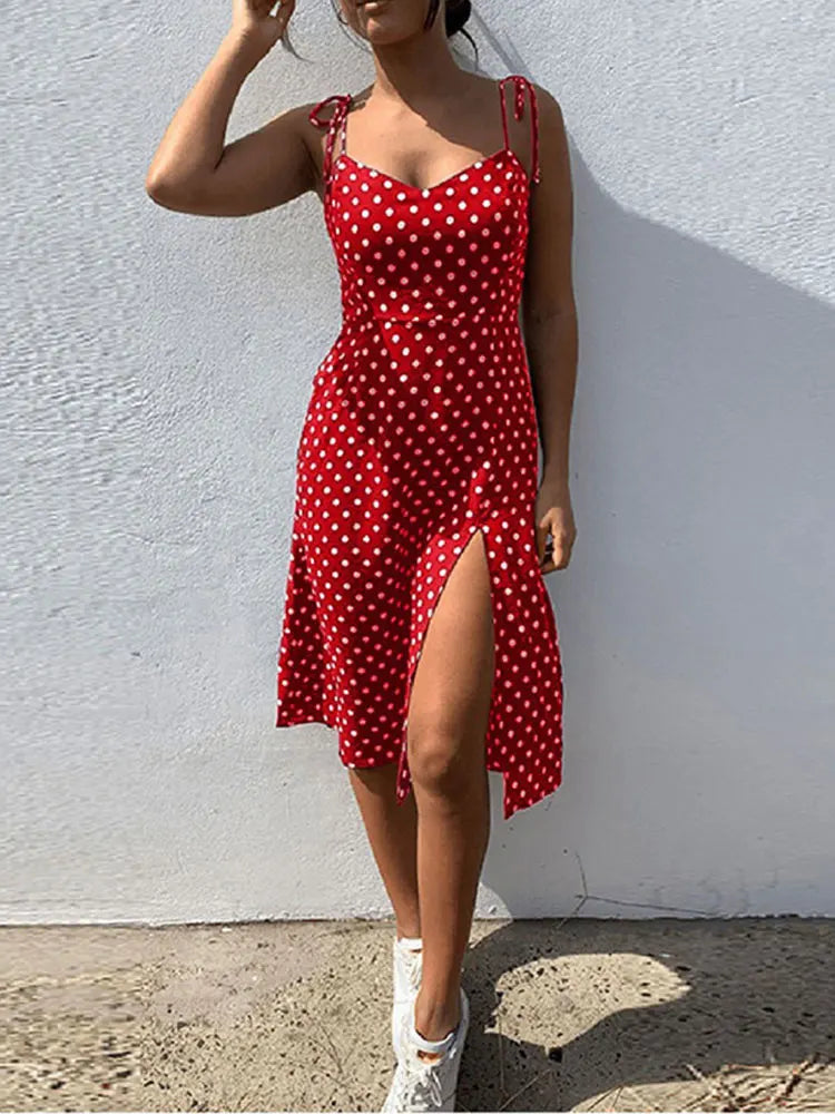 Polka Dot V-Neck Pleated Dress – Summer Beach Outfit