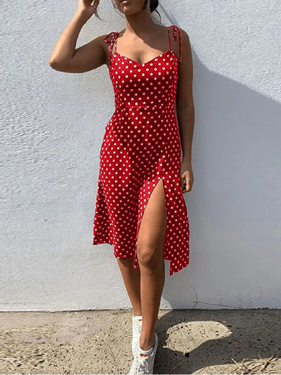 Polka Dot V-Neck Pleated Dress – Summer Beach Outfit