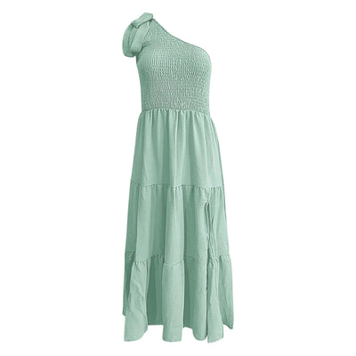 One Shoulder Smocked Midi Dress – Casual Summer
