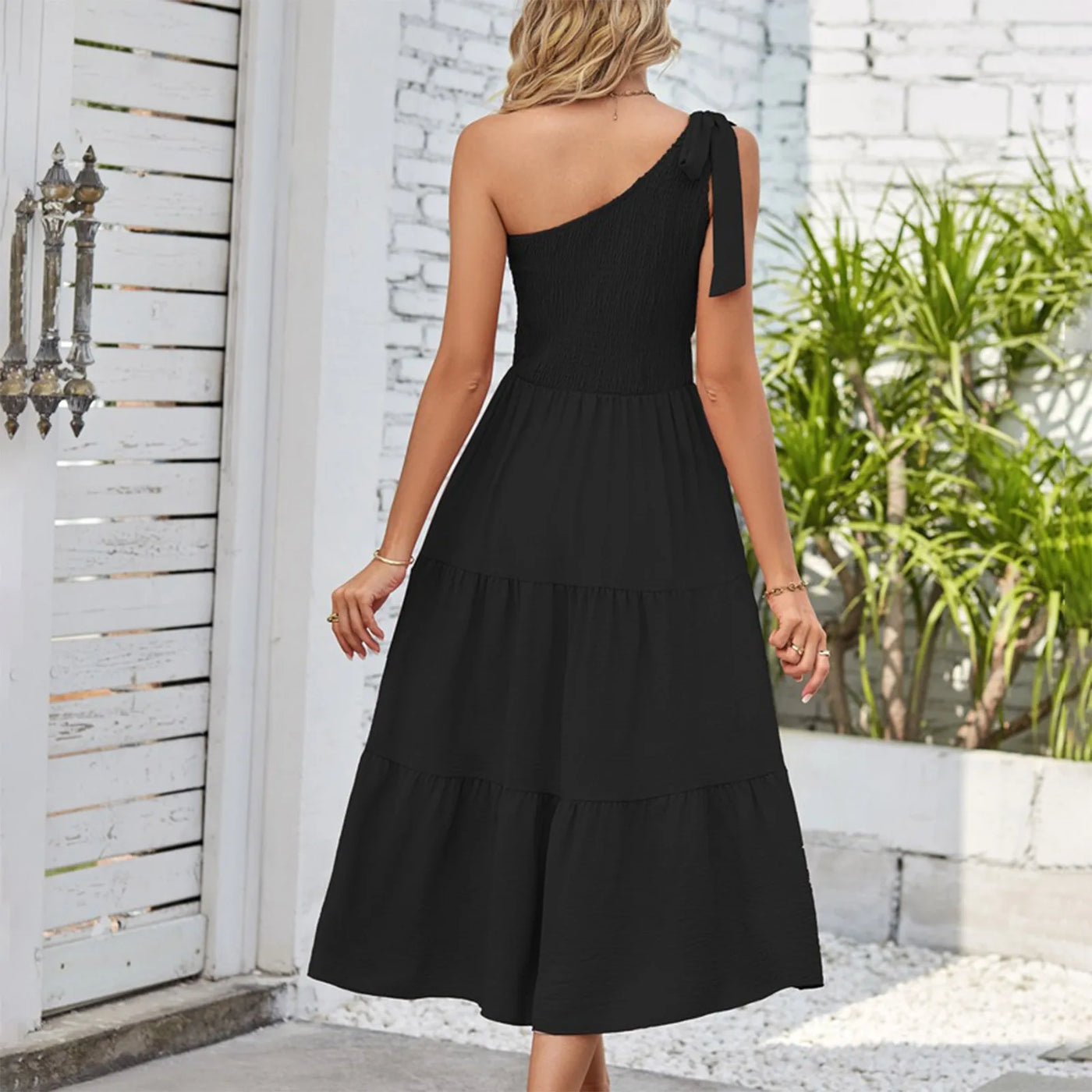 One Shoulder Smocked Midi Dress – Casual Summer