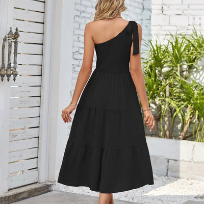 One Shoulder Smocked Midi Dress – Casual Summer