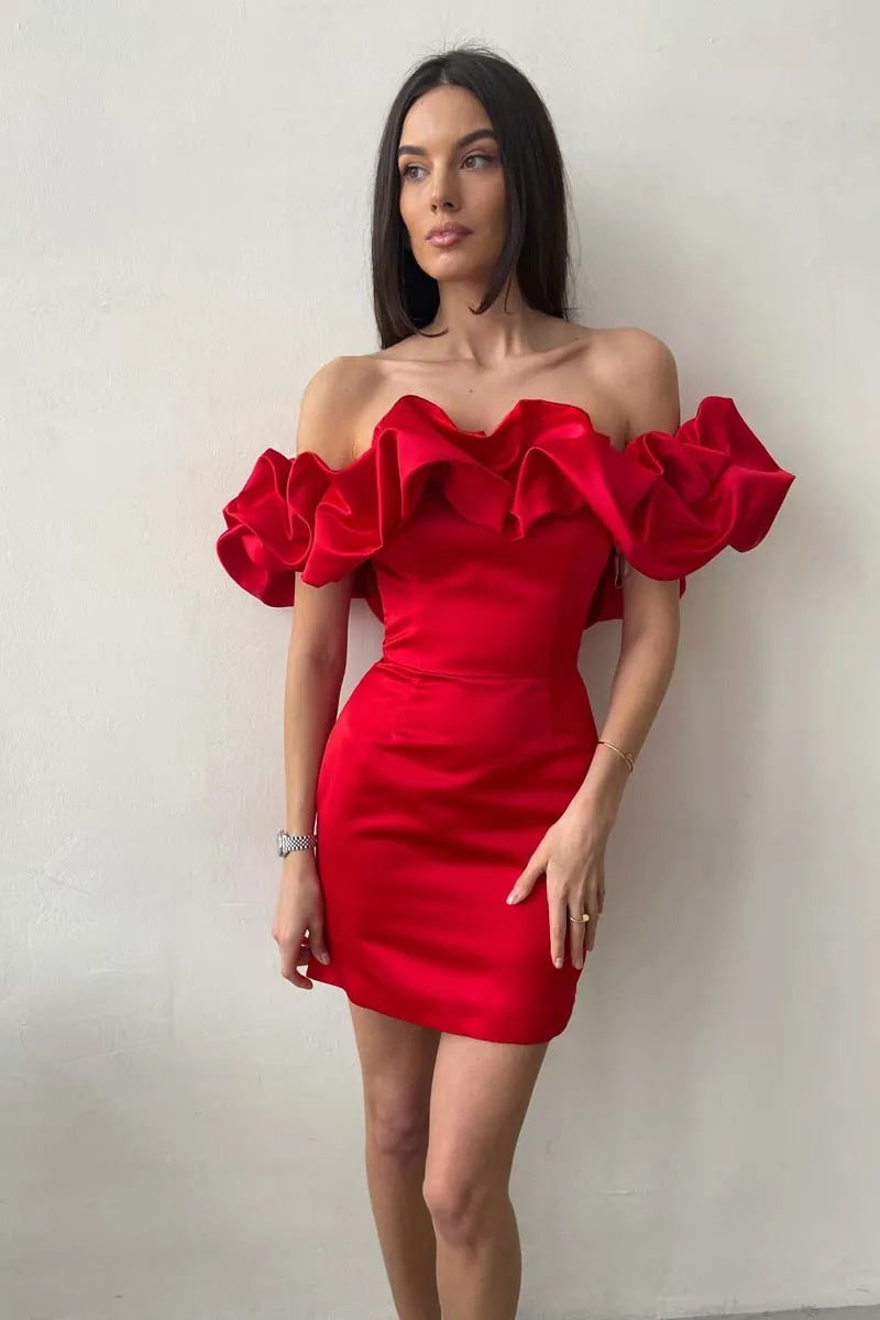 Slash Neck Red Bodycon Dress – Elegant Party & Beach