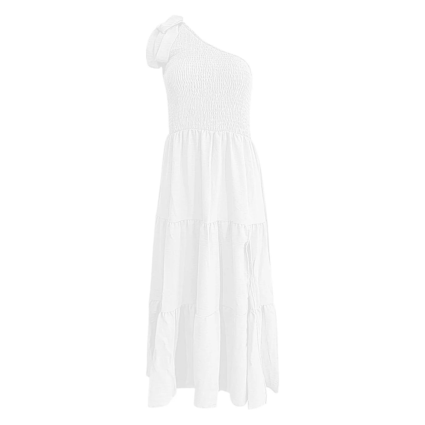 One Shoulder Smocked Midi Dress – Casual Summer