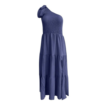 One Shoulder Smocked Midi Dress – Casual Summer