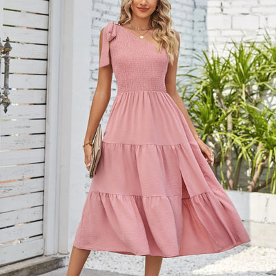 One Shoulder Smocked Midi Dress – Casual Summer